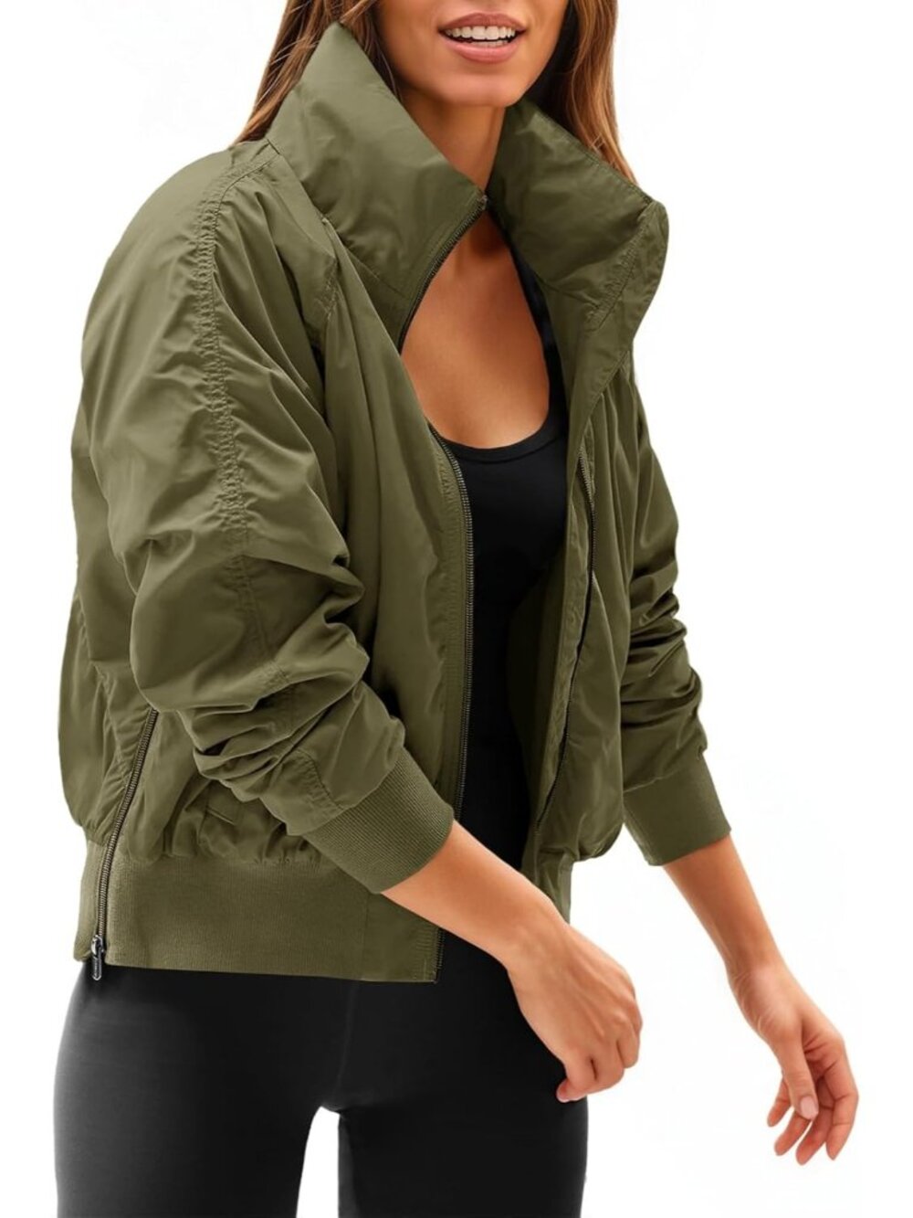 Women Green Polyester Hidden Hooded Long Sleeve Zip Up Pocket Bomber Jacket